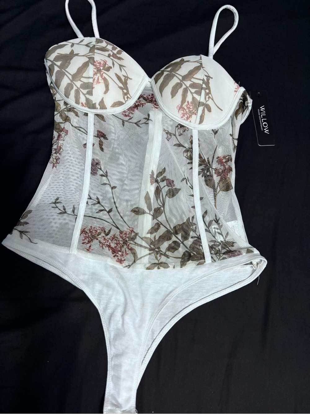 Willow White Sheer Floral Mesh Bodysuit with Pink & Olive Accents